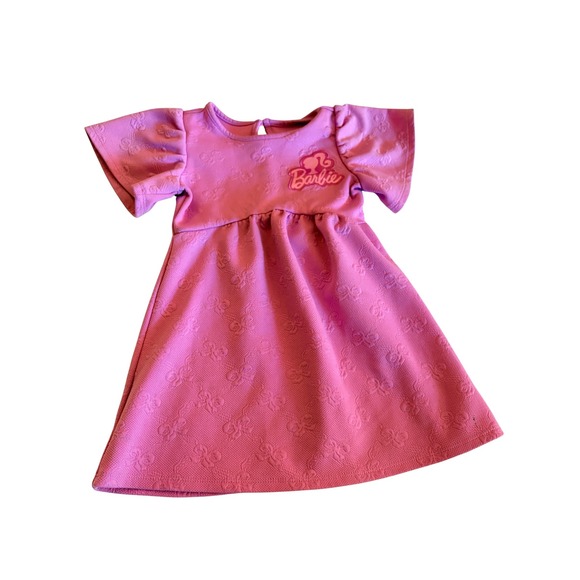 Barbie Other - Barbie Girls Pink Embossed Bow Flutter Sleeve Dress Size 3T Logo Patch